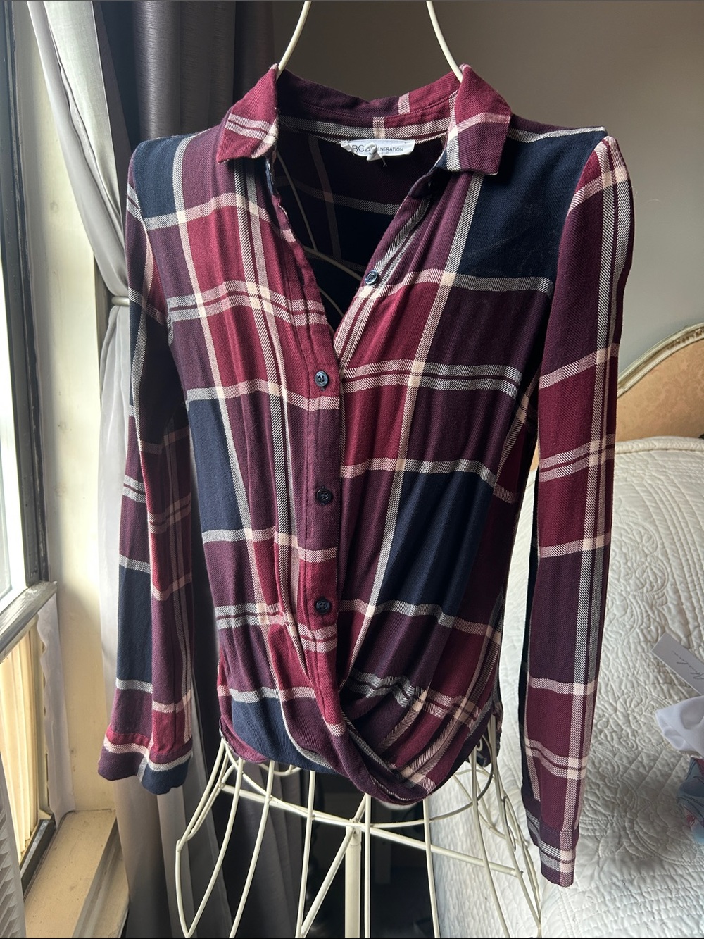 BCBG Burgundy Navy Plaid Button-Front Twist Hem Top